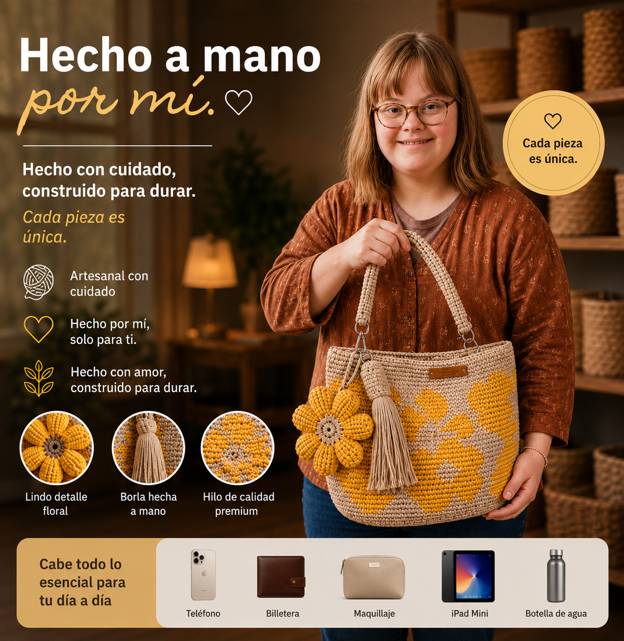 Bolso de Mano Tejido a Crochet con Flores