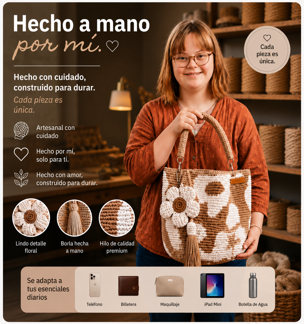 Bolso de Mano Tejido a Crochet con Flores