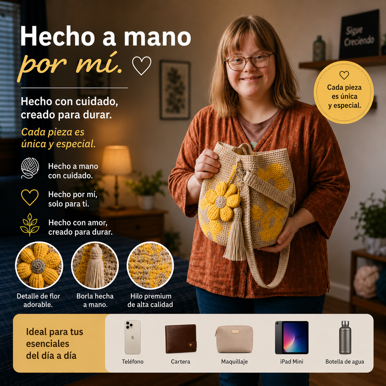 Bolso de Mano Tejido a Crochet con Flores