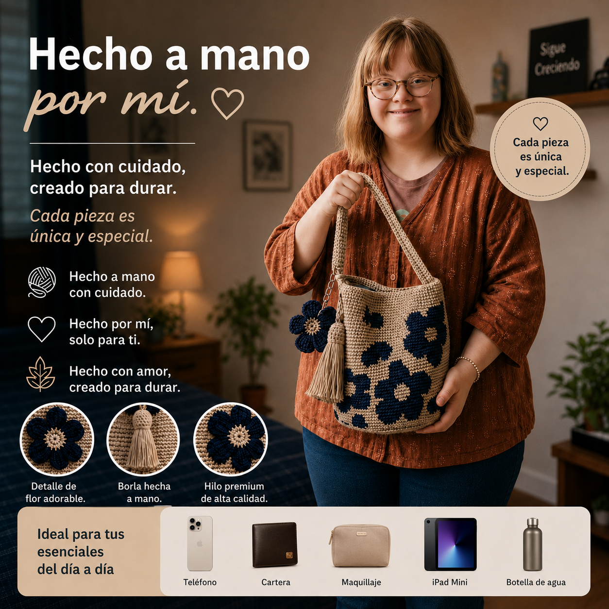 Bolso de Mano Tejido a Crochet con Flores