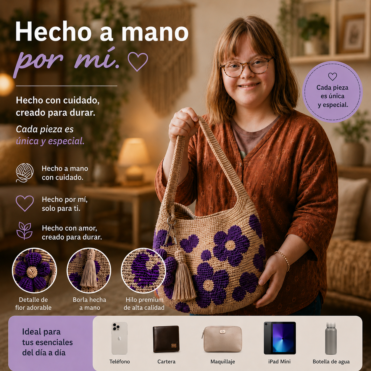 Bolso de Mano Tejido a Crochet con Flores
