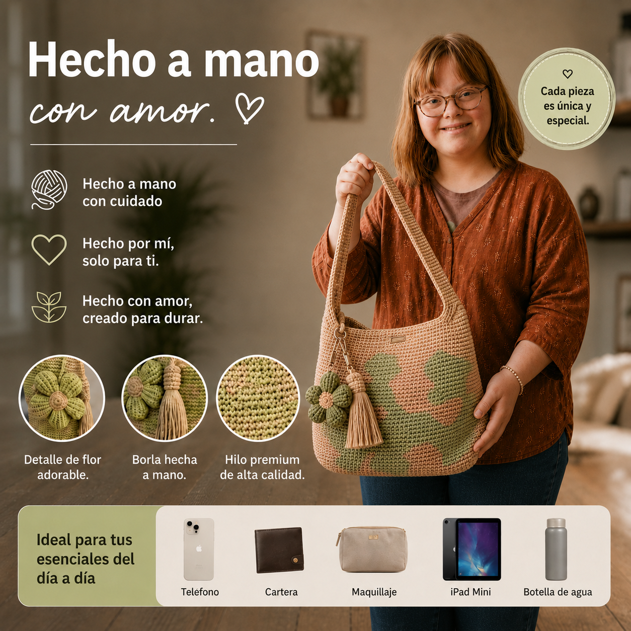 Bolso de Mano Tejido a Crochet con Flores